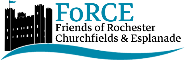 The FoRCE logo - an image of Rochester Castle and an explanation of the acronym: the Friends of Rochester Churchfields and Esplanade