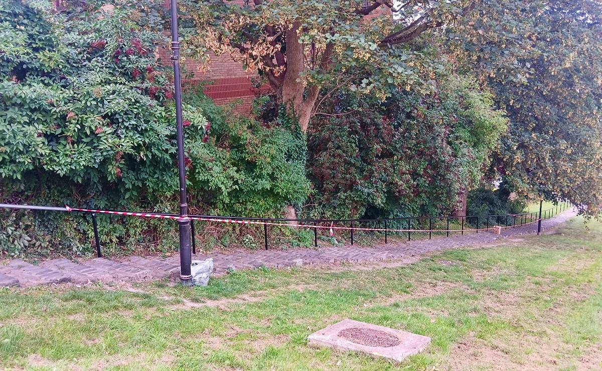 A wide photograph of the Churchfields steps with the railings freshly painted black